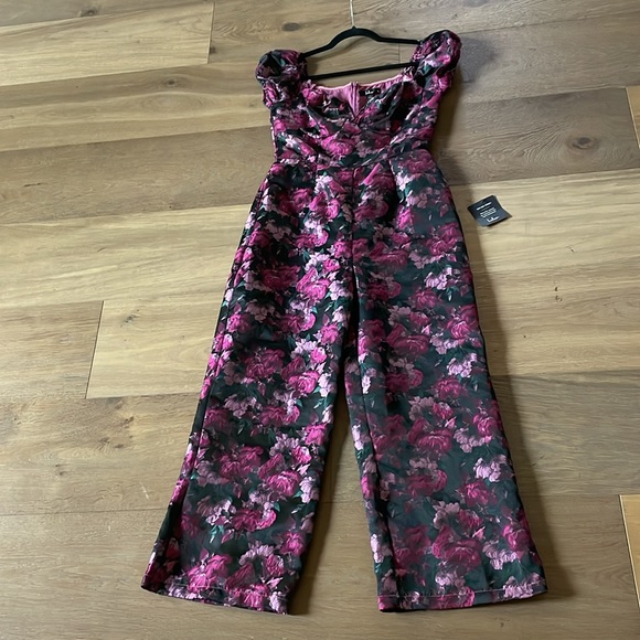 Lulus New Glam Black Floral Jacquard Bustier Off-the-Shoulder Jumpsuit Sz Large - Picture 6 of 14